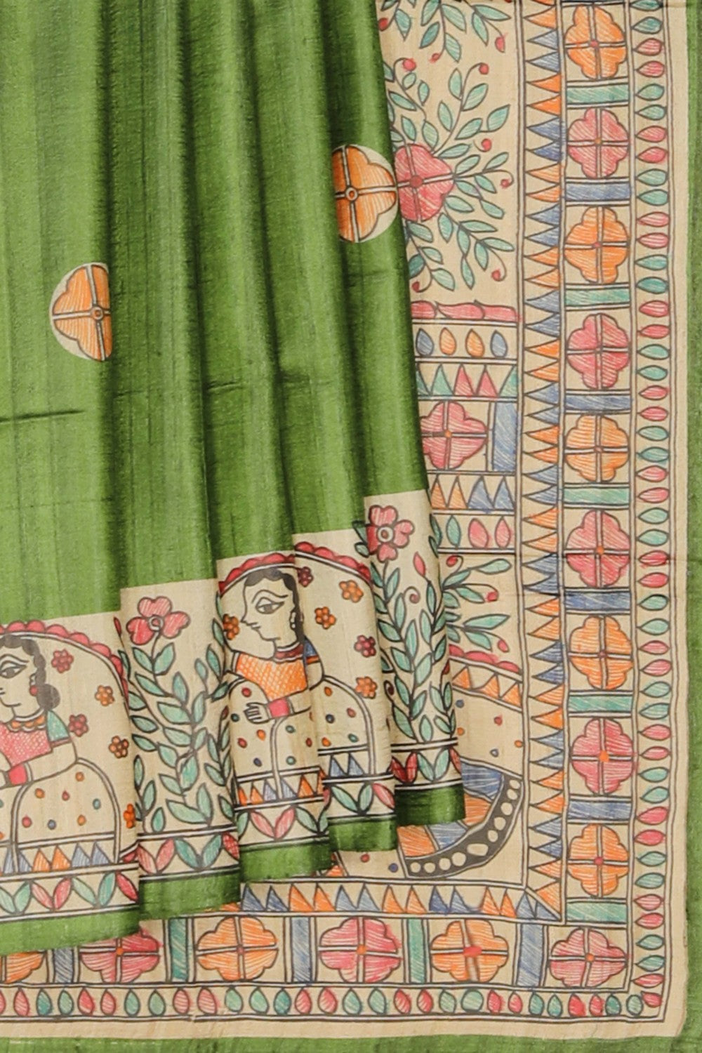 Image of Madhubani Tussar Silk Green Saree